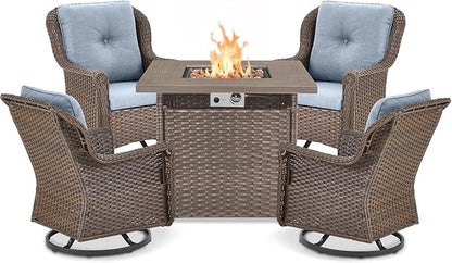 Outdoor Patio Swivel Gliders with Fire Pit Table 5 Piece Set - High Back Brown Wicker Rattan Rocking Chair with Thick Cushion for Porch Apartment Deck Yard Poolside Garden - Baby Blue