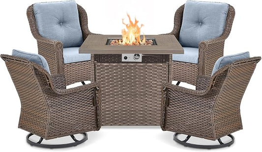 Outdoor Patio Swivel Gliders with Fire Pit Table 5 Piece Set - High Back Brown Wicker Rattan Rocking Chair with Thick Cushion for Porch Apartment Deck Yard Poolside Garden - Baby Blue