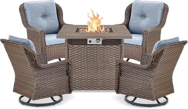 Outdoor Patio Swivel Gliders with Fire Pit Table 5 Piece Set - High Back Brown Wicker Rattan Rocking Chair with Thick - Photo 1