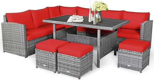 COSTWAY 7 PCS Wicker Outdoor Conversation Set, Patio Sectional Furniture Sofa Set with Table & Seat Cushions, Rattan Furniture Sets for Backyard Garden Poolside Porch, Red