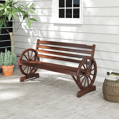 kinbor 55" Wooden Rustic Wagon Wheel Bench, Outdoor Bench Seat, Patio 2-Person Bench with Backrest