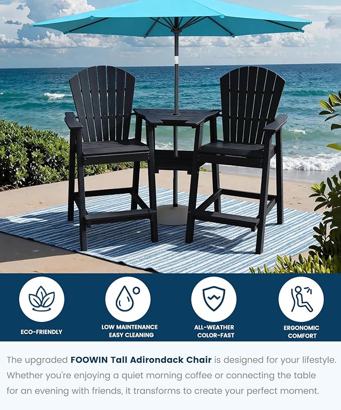 FOOWIN Tall Adirondack Chair Set of 8, All Weather HDPE Bar Height Adirondack Chair with Double Connecting Trays, Adirondack Barstools for Balcony, Deck, Backyard, Patio, Garden Black