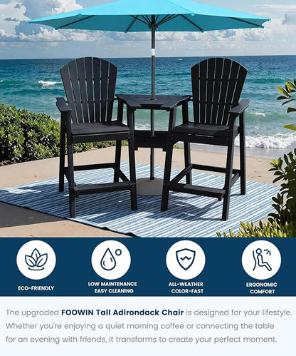 FOOWIN Tall Adirondack Chair Set of 2, All Weather HDPE Bar Height Adirondack Chair with Double Connecting Trays, Adirondack Barstools for Balcony, Deck, Backyard, Patio, Garden Black