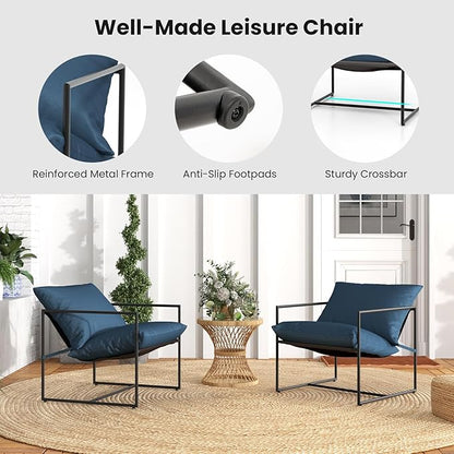 Tangkula Sling Accent Chair, Indoor Outdoor Leisure Chair with Seat & Back Cushions, Weatherproof Seat Fabric & Sturdy Metal Frame, Modern Ergonomic Lounge Chair for Living Room, Balcony (Navy)