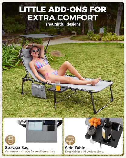 KingCamp Oversized Padded Chase Lounge Chairs, Extra-Wide Folding Tanning Chair Adjustable 5-Position 400lbs Heavy Duty Lounger with Double-Layer Oxford Canopy Shade for Outdoor Beach Patio Sun Pool
