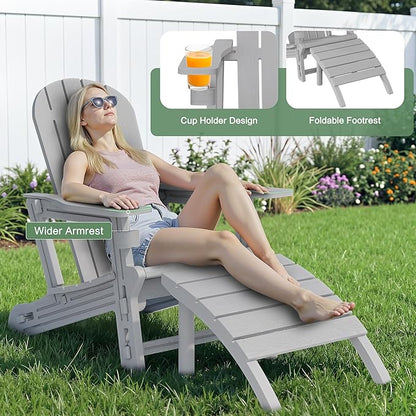 JY QAQA Outdoor Adirondack Chair Set of 2 with Detachable Table & Ottoman, All-Weather HDPE Patio Furniture with Wood Texture & Cup Holder for Patio, Poolside, Garden, Light Grey