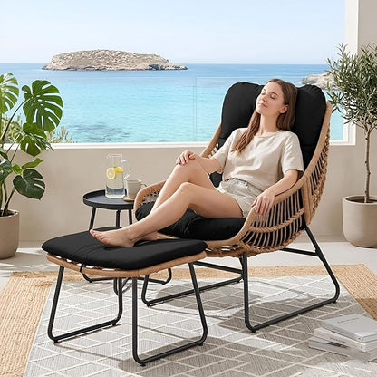 Outdoor Wicker Papasan Egg Chair with Ottoman, Patio Basket Lounge Chair Indoor Egg-Shaped Rattan Reading Lounger with Thick Cushion and Table for Living Room Bedroom Balcony Porch, Black