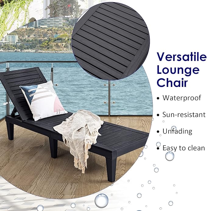 Tangkula Outdoor Chaise Lounge Chair, Lightweight Patio Lounge Recliner Chair with Adjustable Backrest, 5 Reclining Positions Chaise Lounger for Patio, Beach, Balcony, Poolside, Backyard (1, Black)