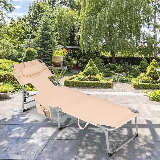 GYMAX Tanning Chair, Folding Beach Lounger with Face Arm Hole, Adjustable Backrest, Side Pocket & Carry Handle, Outside Sunbathing Lounge Chair for Patio, Poolside, Lawn (2, Sand)
