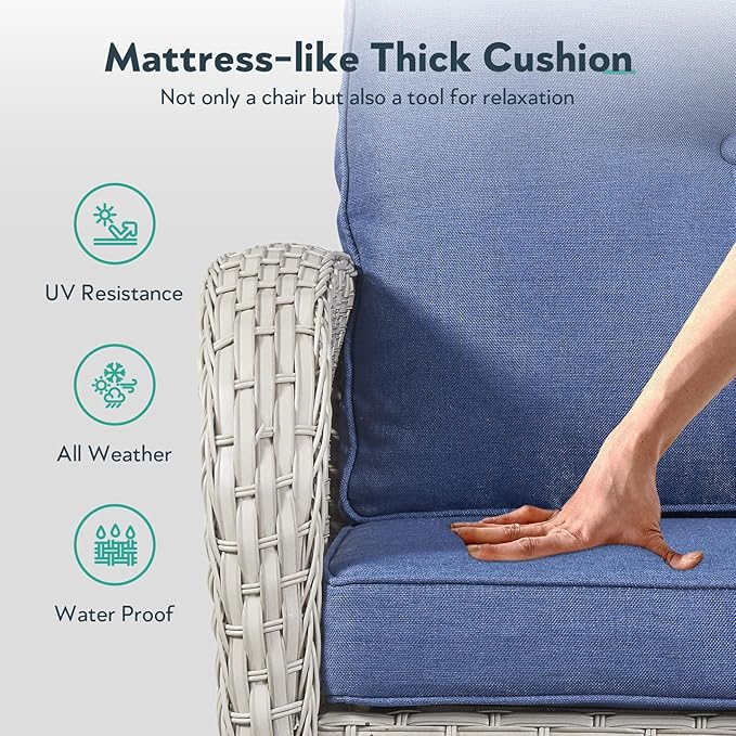 Patio Rocking Chair: Outdoor Wicker Rocker Porch Rocking Chair with Removable Cushion, 300 Lb Weight Capacity Rattan Rocking Seating for Balcony Garden Light Grey/Blue