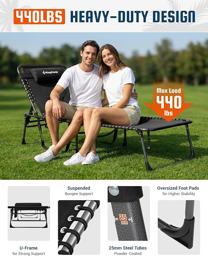 KingCamp Oversized Tanning Chair, Extra-Wide Padded Folding Chase Lounge Chairs Portable Adjustable 5-Position 440lbs Heavy Duty Lounger with Double-Layer Oxford for Outdoor Beach Patio Sun Pool Black