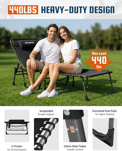KingCamp Oversized Tanning Chair, Extra-Wide Padded Folding Chase Lounge Chairs Portable Adjustable 5-Position 440lbs Heavy Duty Lounger with Double-Layer Oxford for Outdoor Beach Patio Sun Pool Black