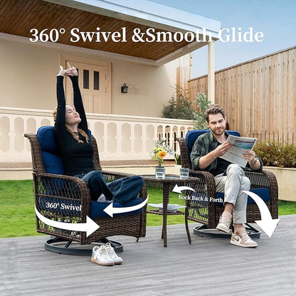 PIZZELLO Outdoor Swivel Rocker Chairs 3 Pieces Wicker Swivel Patio Chair with Rattan Side Table, 5" Extra Thick Cushions and 25" Full Support Back, Patio Furniture Set for Outside Porch Deck