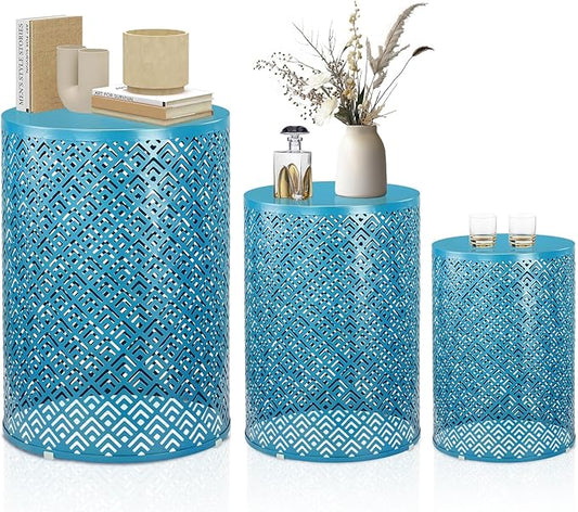 Outvita Outdoor Nesting Tables Set of 3, Heavy Duty Metal Frame Accent Modern End Table, Portable Side Table for Indoor, Outdoor, Living Room, Meander Pattern - Blue