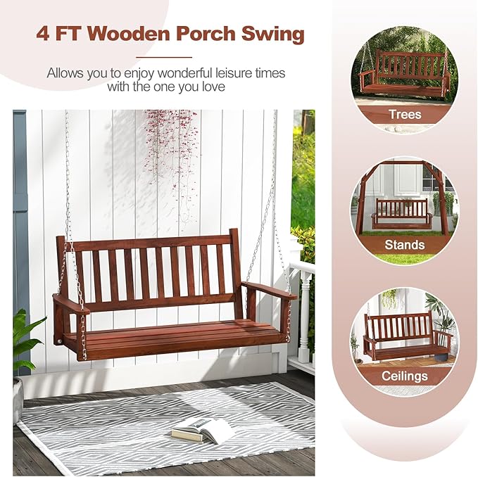 Tangkula 2 Person Wooden Porch Swing, Hanging Patio Swing with 2 Adjustable Galvanized Metal Chains, Slatted Back & Seat - Photo 5