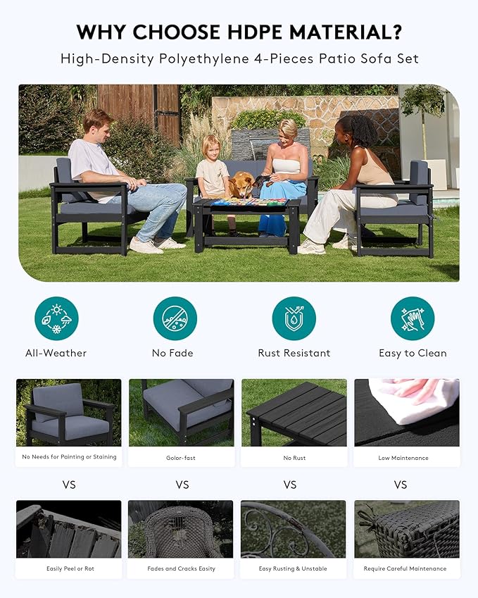 SERWALL 2 Pieces Single Cushioned Lounge Chair, Black HDPE Outdoor Adirondack Sofa Armchair with Grey Cushion - Photo 4