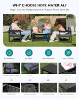 SERWALL 2 Pieces Single Cushioned Lounge Chair, Black HDPE Outdoor Adirondack Sofa Armchair with Grey Cushion - Photo 4