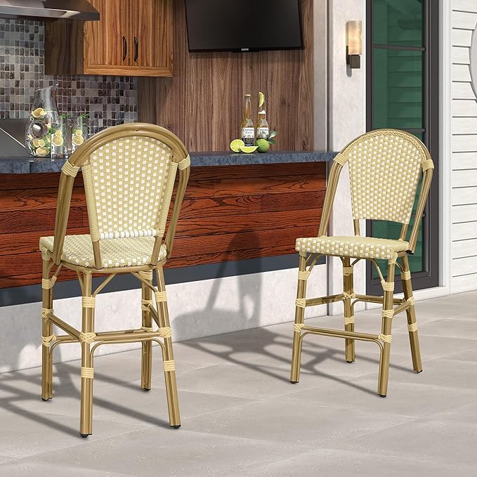 PURPLE LEAF French Counter Height Bar Stool Set of 2 25" Bamboo Print Finish Patio Bar Chairs with Back Rattan Bar - Photo 2