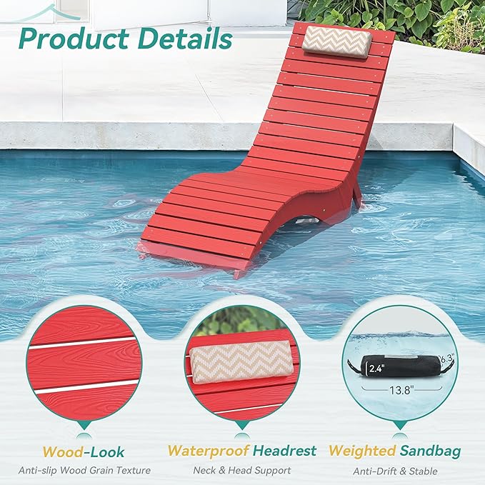 Pool Lounge Chairs Set of 4 - Anti-Floating HDPS Design for Pools & Backyard Sun Decks, Weighted Pool Chairs and Lounges for Poolside or Outside, Includes Headrest, Bright Red