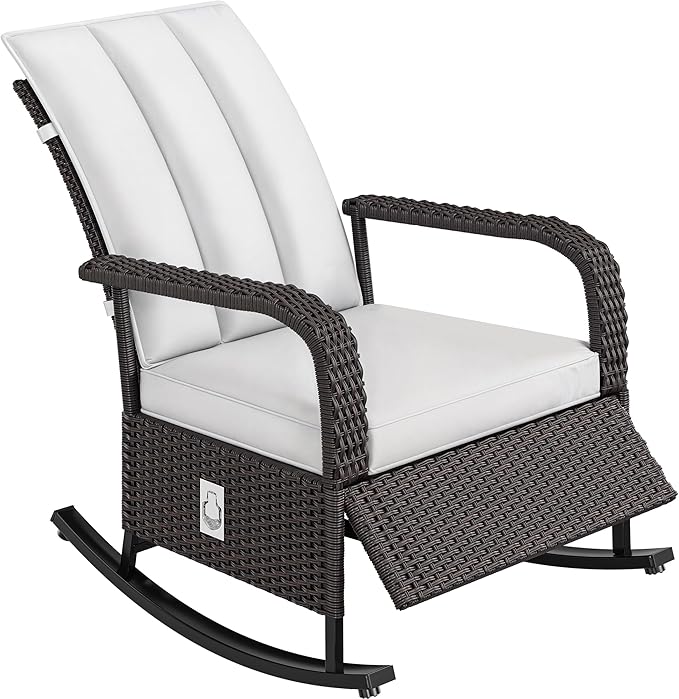 YITAHOME Outdoor Rocking Chair, Wicker Lounge Chair with Adjustment Backrest, PE Rattan Patio Recliner with Adjustable Footrest and Soft Cushions, Ideal for Garden Backyard Porch Patio