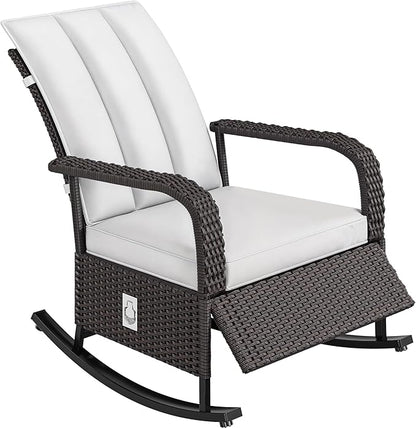 YITAHOME Outdoor Rocking Chair, Wicker Lounge Chair with Adjustment Backrest, PE Rattan Patio Recliner with Adjustable Footrest and Soft Cushions, Ideal for Garden Backyard Porch Patio