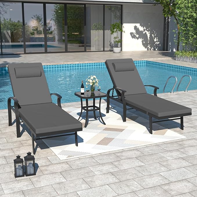 Kurapika Patio Chaise Lounge Set 3 Pieces, Aluminum Outdoor Lounge Chair, Adjustable Backrest, Pool Sunbathing Recliners with Side Table for Poolside Beach, Black