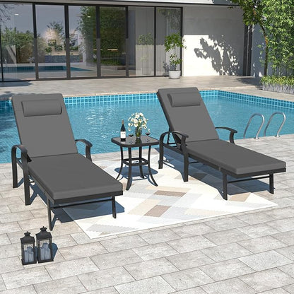 Kurapika Patio Chaise Lounge Set 3 Pieces, Aluminum Outdoor Lounge Chair, Adjustable Backrest, Pool Sunbathing Recliners with Side Table for Poolside Beach, Black