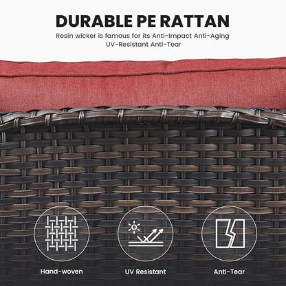 Belord High Back Patio Chairs Set of 2 - Brown Wicker Outdoor Seating, 4" Wide Armrests Rattan Outdoor Club Chairs with Red Removable Cushion for Deck Porch Backyard