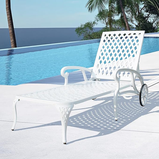Chaise Lounges Outdoor - Lounge Chairs for Outside Pool Tanning Chair Adjustable Patio Reclining Cast Aluminum for Beach Yard, White