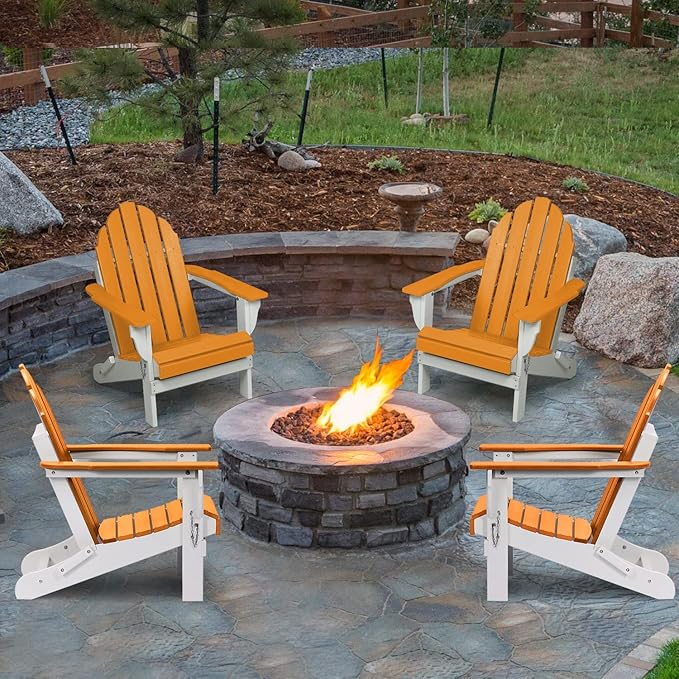 Aoodor HDPE Outdoor All-Weather Folding Adirondack Chair for Patio, Garden, Backyard, Lawn, Fire Pit, Set of 4, Orange