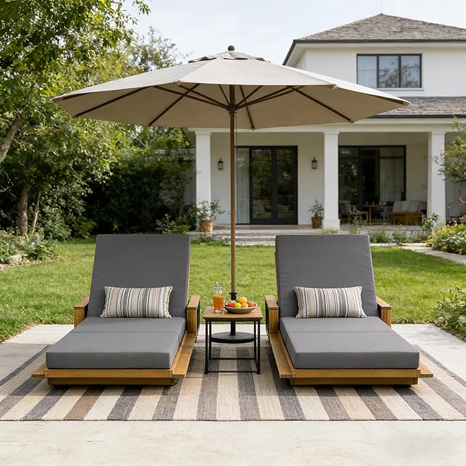 Merax Patio Chaise Lounge Set of 2, Acacia Wood Outdoor Reclining Chairs with 4-Position Adjustable Backrest - Photo 3