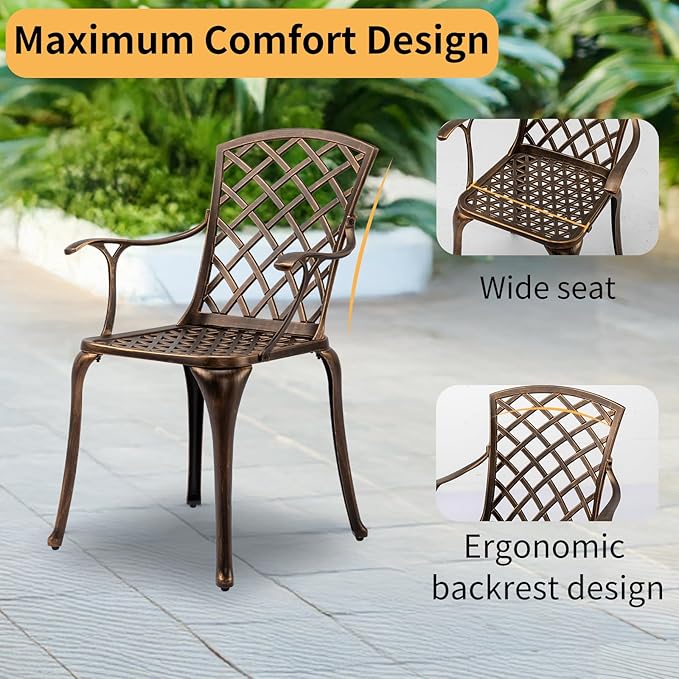 VINGLI Outdoor Dining Chairs Set of 4 Aluminum Patio Chairs, Cast Aluminum Patio Furniture Aluminum Outdoor Chairs for Backyard, Poolside, Balcony Bronze (4, Grid Back Without Cushion)