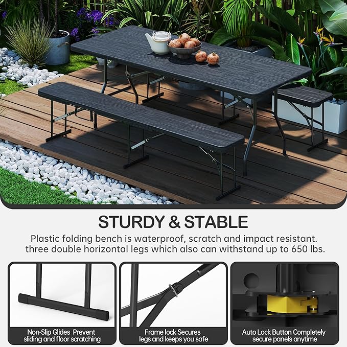 6 Foot Folding Bench, Portable Plastic Folding Bench Seat, Foldable Seat for Indoor Outdoor Picnic Camping Dining, Soccer Garden Multipurpose Entertaining Activities, Black, 2 Pack