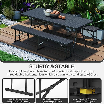 6 Foot Folding Bench, Portable Plastic Folding Bench Seat, Foldable Seat for Indoor Outdoor Picnic Camping Dining, Soccer Garden Multipurpose Entertaining Activities, Black, 2 Pack