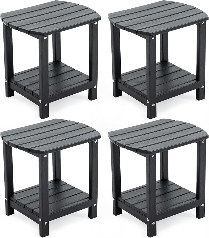 Adirondack Small Outdoor Side Table - Weatherproof HDPE Patio End Table with 2-Tier Storage for Firepit, Balcony, Garden, Poolside or Bathroom (Dark Black, Set of 4)