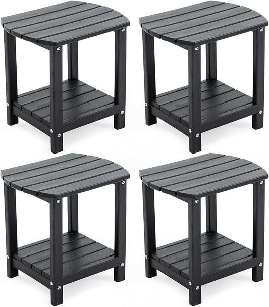 Adirondack Small Outdoor Side Table - Weatherproof HDPE Patio End Table with 2-Tier Storage for Firepit, Balcony, Garden, Poolside or Bathroom (Dark Black, Set of 4)