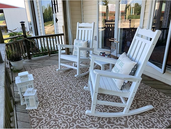 Stoog Set of 2 Outdoor Rocking Chairs, HIPS Plastic Porch Rocker with 400 lbs Weight Capacity, for Backyard, Fire Pit, Lawn, Garden and Indoor, White