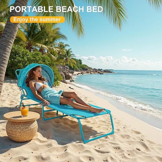 Northroad 2 Pack Outdoor Lounge Chair, Tanning Chair with Sunshade Roof, Adjustable Backrest Folding Chaise Lounge, Reclining Beach Bed for Beach, Camping, Hiking -Blue