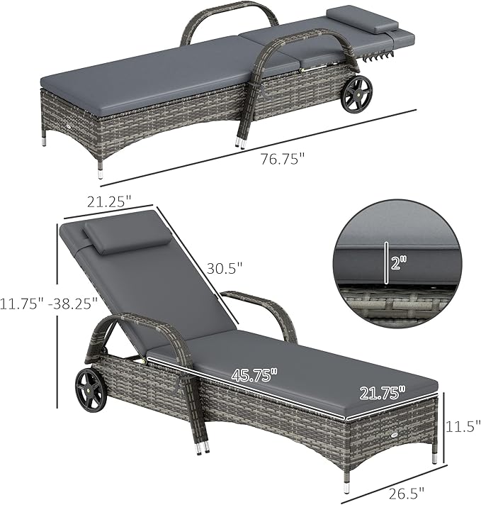 Outsunny Wicker Outdoor Chaise Lounge Set of 2, 5-Level Adjustable Backrest PE Rattan Pool Lounge Chair with Wheels, Cushion & Headrest, Mixed Gray and Gray