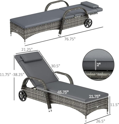Outsunny Wicker Outdoor Chaise Lounge Set of 2, 5-Level Adjustable Backrest PE Rattan Pool Lounge Chair with Wheels, Cushion & Headrest, Mixed Gray and Gray