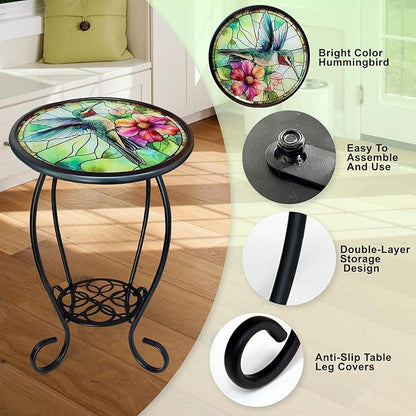 LIFFY Patio Side Table, 14" Round Mosaic Outdoor Table with Glass Hummingbird Tabletop, 21" Height 2-Tier Indoor Small Decorative Plant Stand & Accent Table with Metal Frame for Garden, Yard, Home