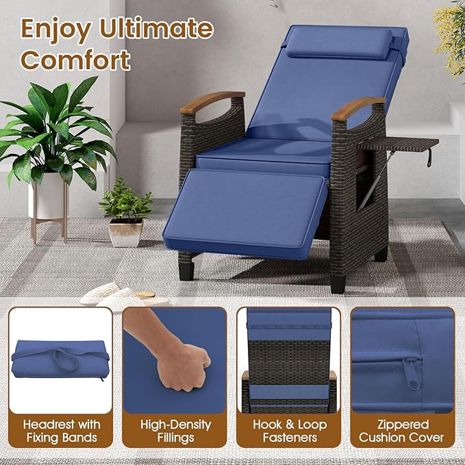 HAPPYGRILL Outdoor Rattan Wicker Chaise Lounge, Recliner Chair with Adjustable Backrest & Footrest, Outside Seat with Flip Table for Backyard, Porch, Balcony