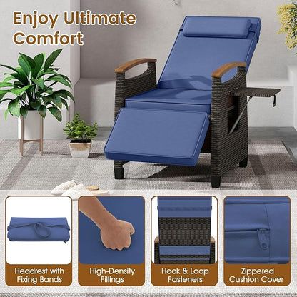 HAPPYGRILL Outdoor Rattan Wicker Chaise Lounge Recliner Chair with Adjustable Backrest & Footrest, Push Back Outside Seat w/Cushion & Flip Table for Backyard, Porch, Balcony (Navy,1)
