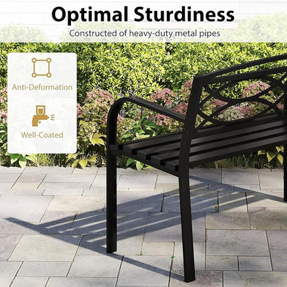 Tangkula Outdoor Metal Garden Park Bench, Heavy-Duty Metal Slatted Loveseat for 2 People with Curved Armrests & Backrest, Patio Park-Style Seating Furniture for Backyard, Poolside, Porch