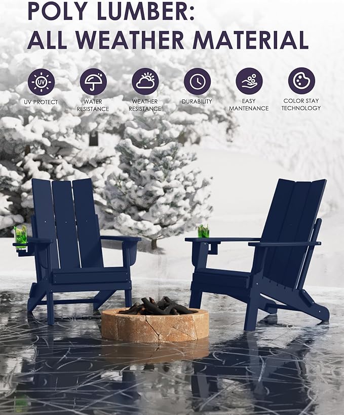Folding Adirondack Chairs Set of 6, All-Weather Resistant HDPE Patio Firepit Chairs, Sturdy Outside Chairs with Cup Holder, Pre-Installed Lawn Chairs Load Capacity 385lb, Navy Blue