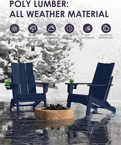 Folding Adirondack Chairs Set of 4, All-Weather Resistant HDPE Patio Firepit Chairs, Sturdy Outside Chairs with Cup Holder, Pre-Installed Lawn Chairs Load Capacity 385lb, Navy Blue