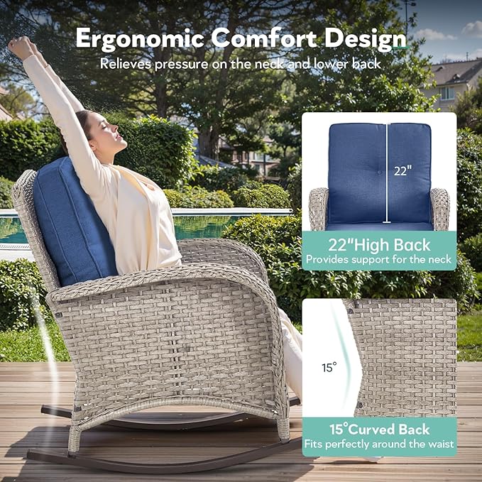 Patio Rocking Chair - 3 Peices Outdoor Wicker Rocker Porch Chair Set with Tempered Glass Side Table, 300 Lb Weight Capacity Rattan Seating for Balcony Garden - Light Beige/Blue