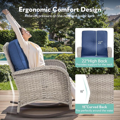 Patio Rocking Chair - 3 Peices Outdoor Wicker Rocker Porch Chair Set with Tempered Glass Side Table, 300 Lb Weight Capacity Rattan Seating for Balcony Garden - Light Beige/Blue