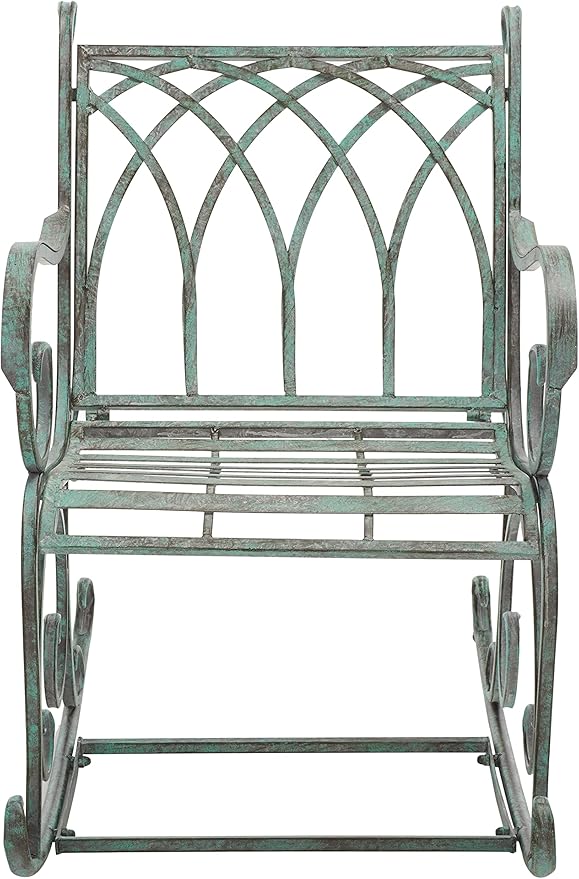 SAFAVIEH Outdoor Collection Medrano Victorian Antique Dark Green Wrought Iron Rocking Chair