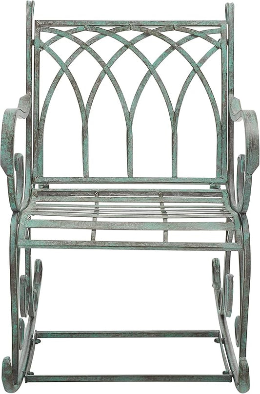 SAFAVIEH Outdoor Collection Medrano Victorian Antique Dark Green Wrought Iron Rocking Chair